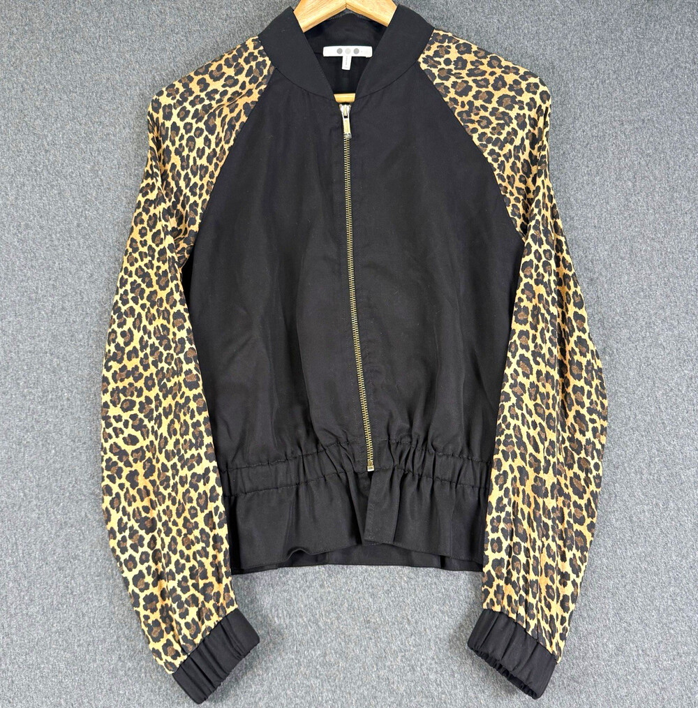 Three Dots Womens XS Black Leopard Print Sleeve Bomber Jacket Full Zip USA